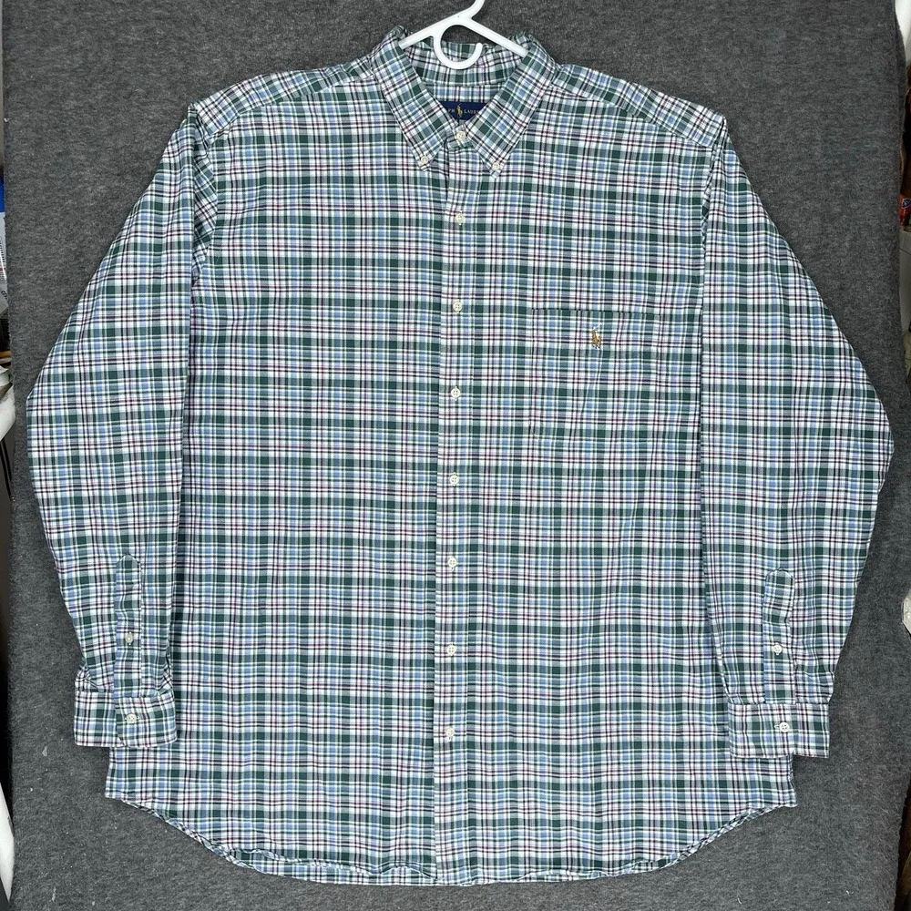Polo Ralph Lauren Oxford Shirt Mens 3XLT Green Blue Plaid Flesh pony Long Sleeve